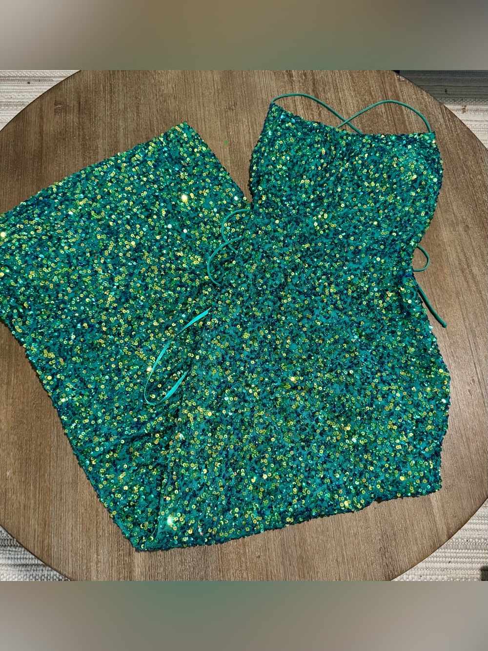 Ashley Lauren Teal Sequin Spaghetti Strap Dress